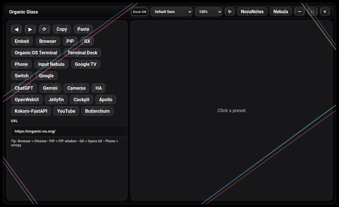 Organic Glass interface with Apollo launch controls and preset buttons.