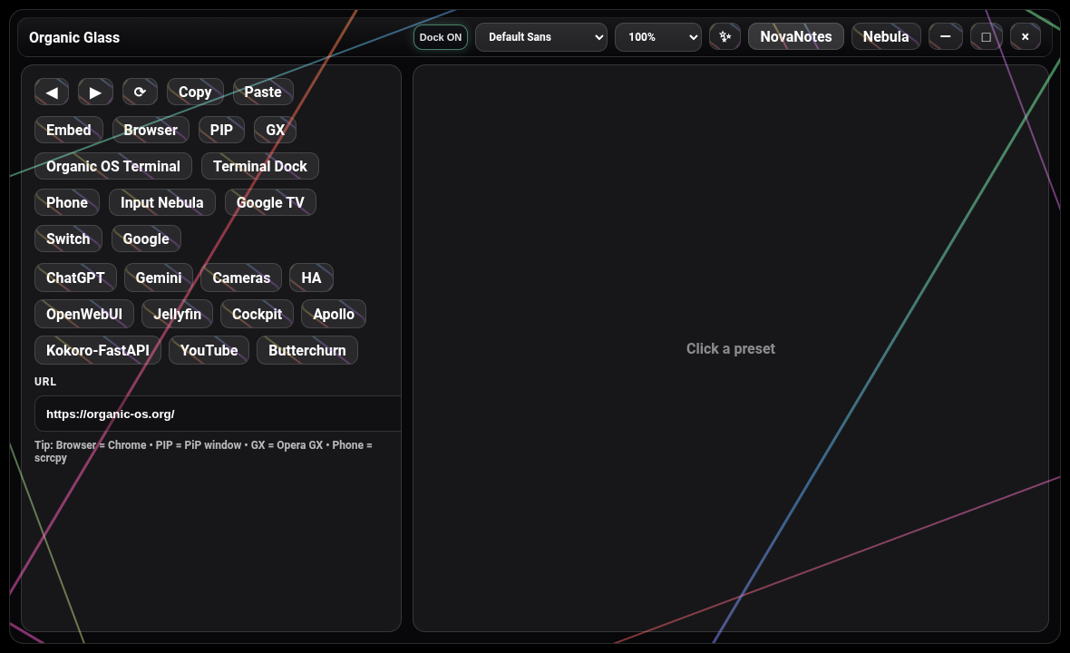 Organic Glass workspace showing NovaNotes and launcher controls.