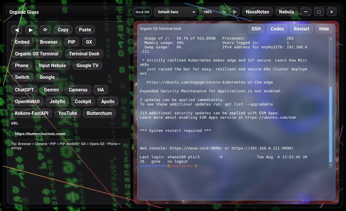 Organic Glass with the Organic OS Terminal Dock open, showing SSH, Codex, Restart, Hide, and OrganicOS terminal output controls.