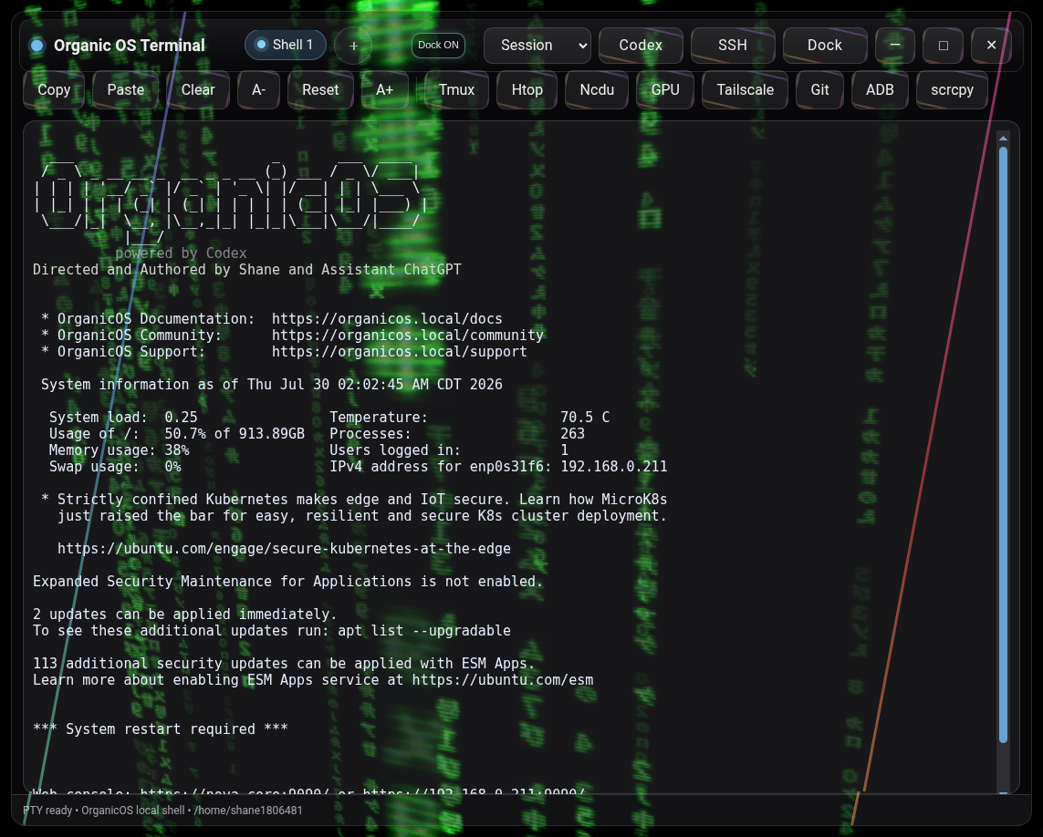OrganicOS Terminal desktop window showing branding, system controls, and live system information.
