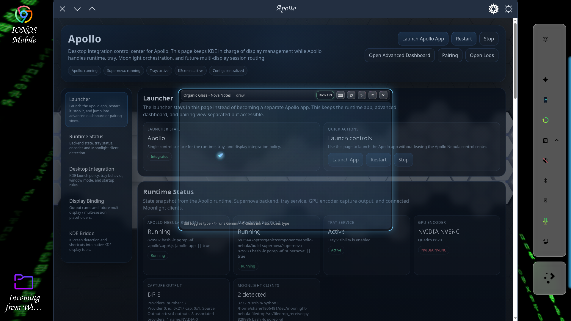 OrganicOS desktop running Apollo Nebula and Organic Glass on the live workstation.