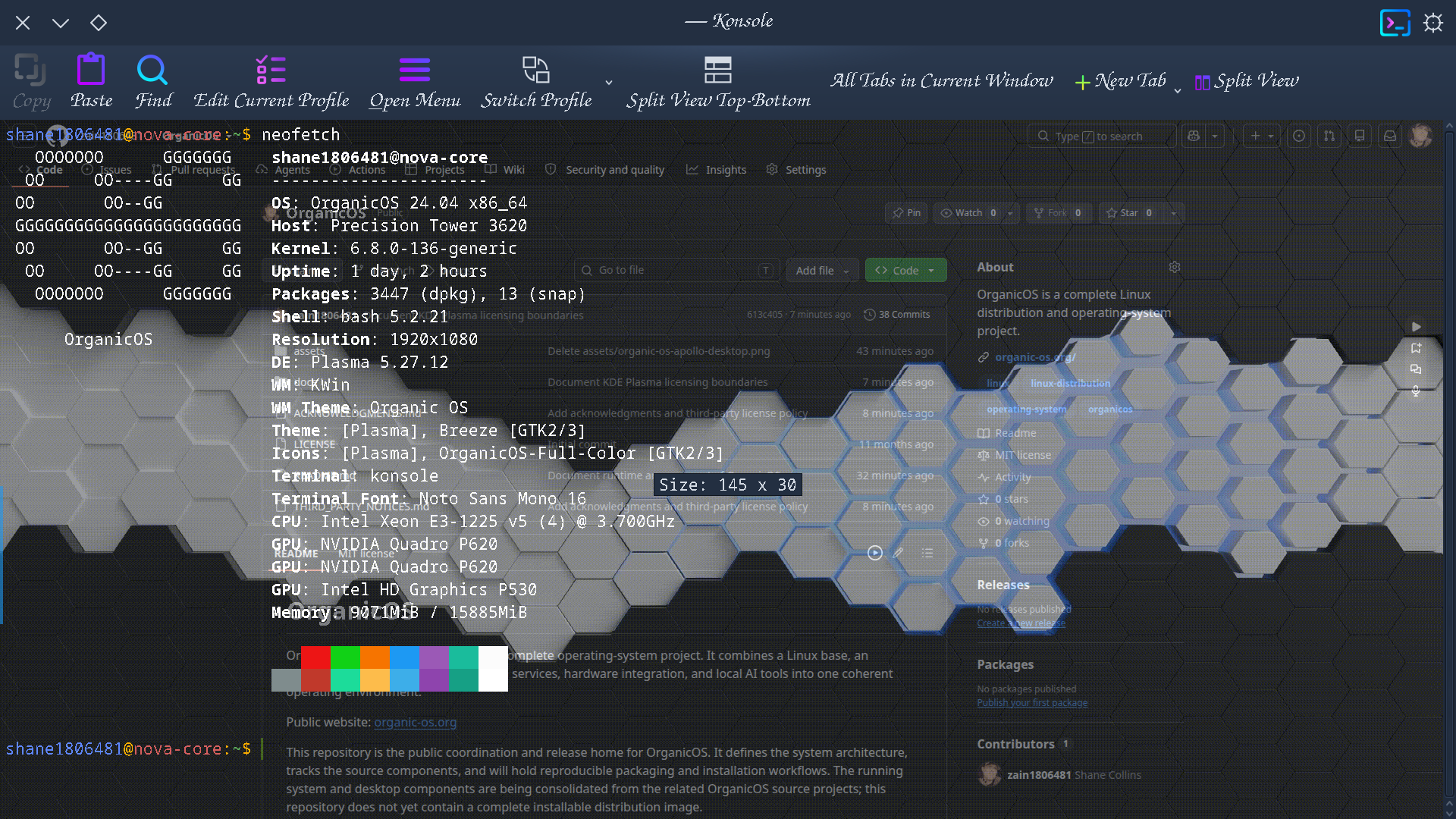 OrganicOS Konsole terminal showing the live OrganicOS neofetch system summary.